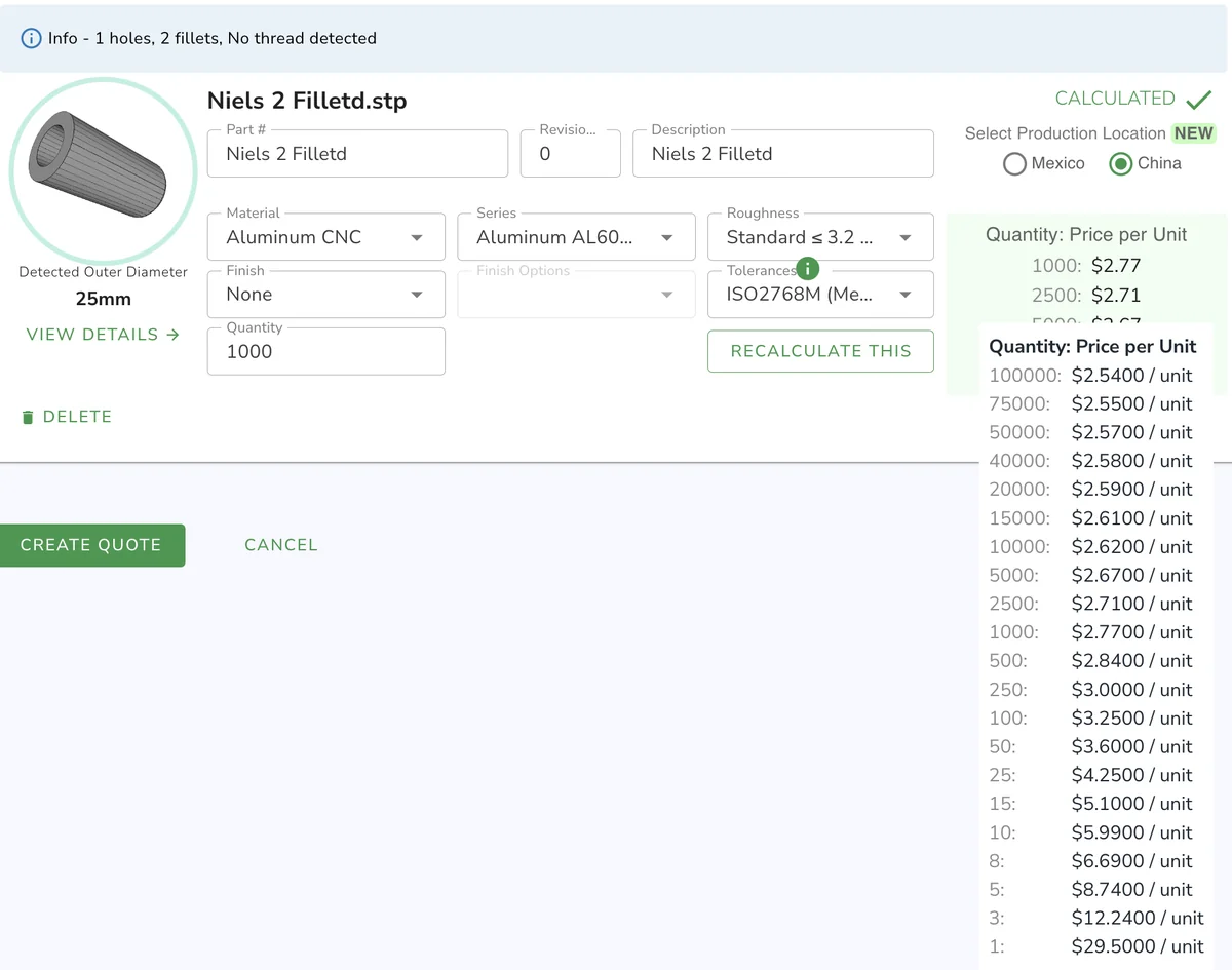 Komacut instant quote for a CNC turned 6061 aluminum part showing unit prices from 1 to 100,000 pieces