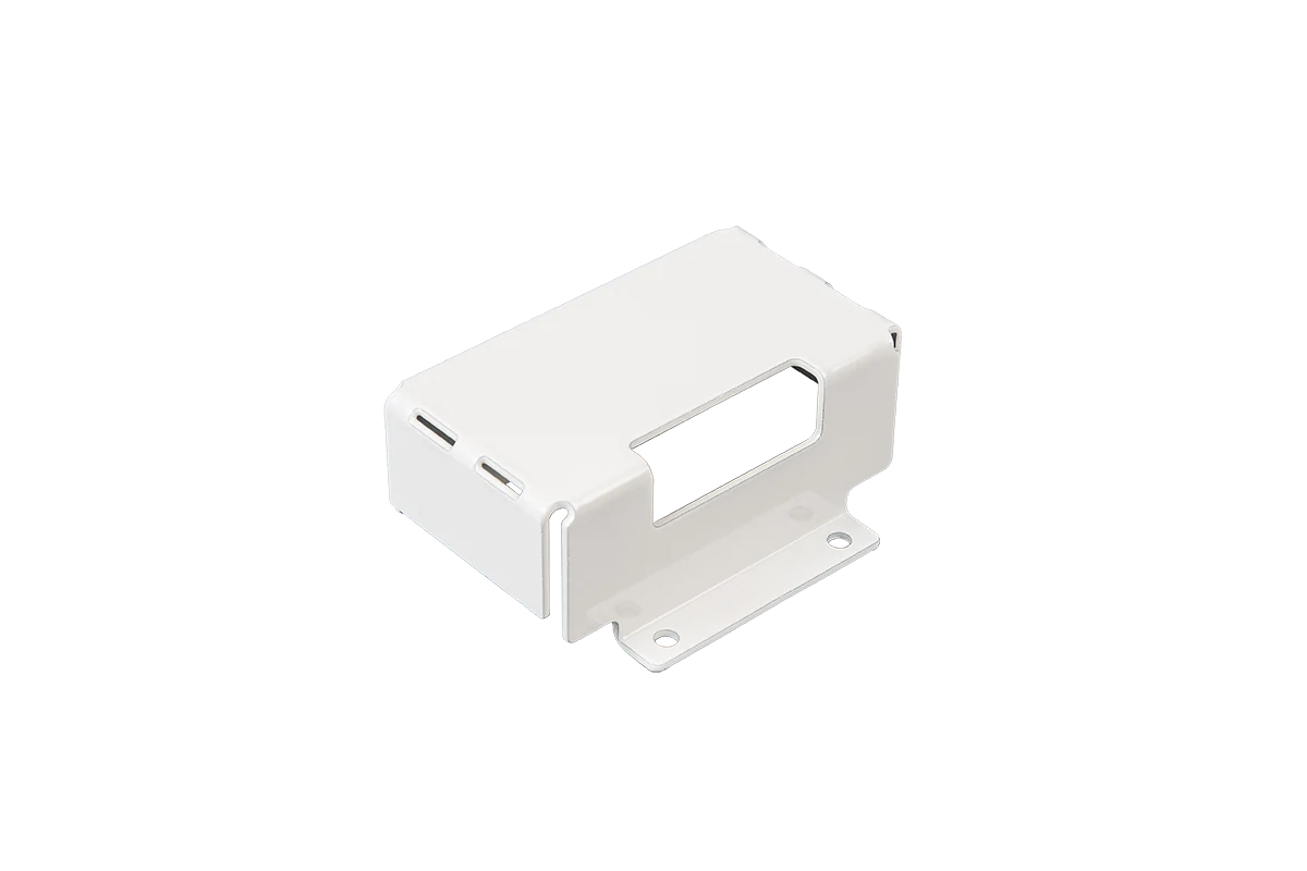 White RAL 9003 powder-coated sheet metal enclosure with a rectangular cutout and mounting holes