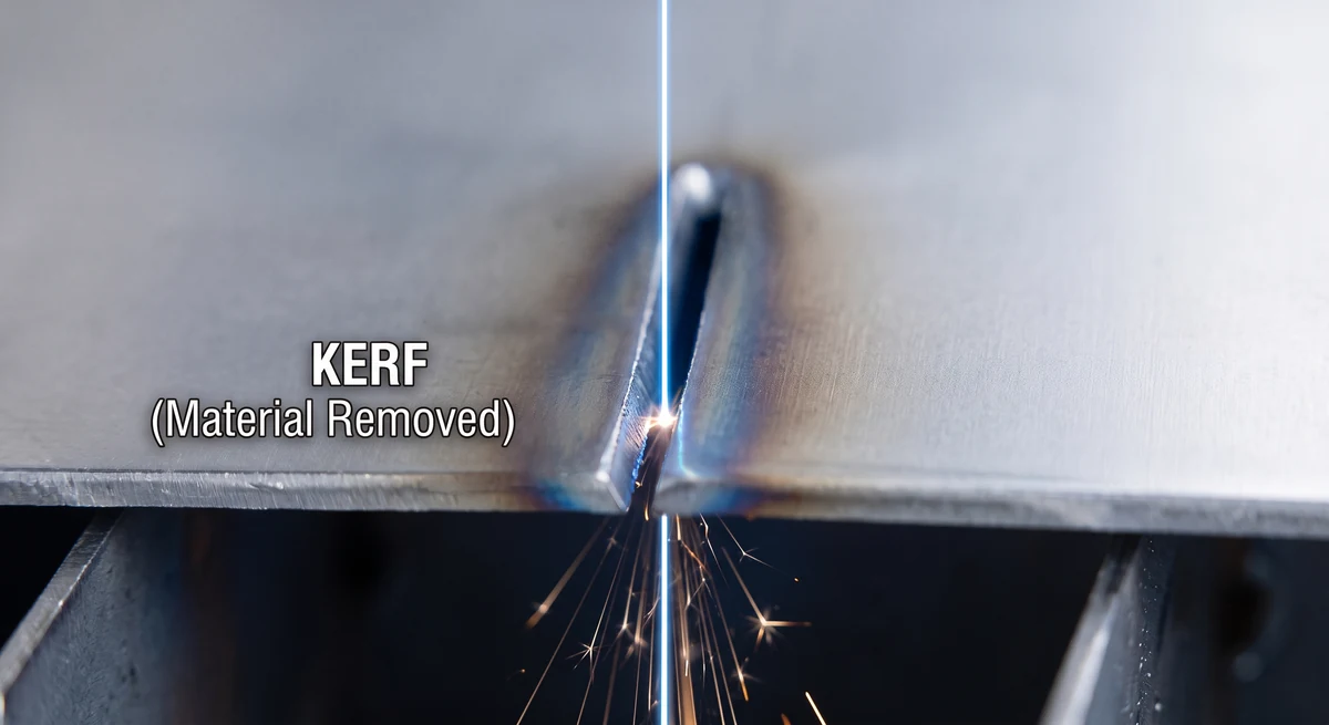 Diagram showing the kerf gap left behind by a laser beam during cutting