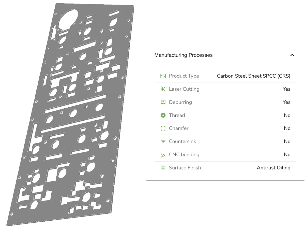 Flat laser-cut SPCC steel plate with 113 holes and slots and the Komacut platform list of its manufacturing processes: laser cutting and deburring