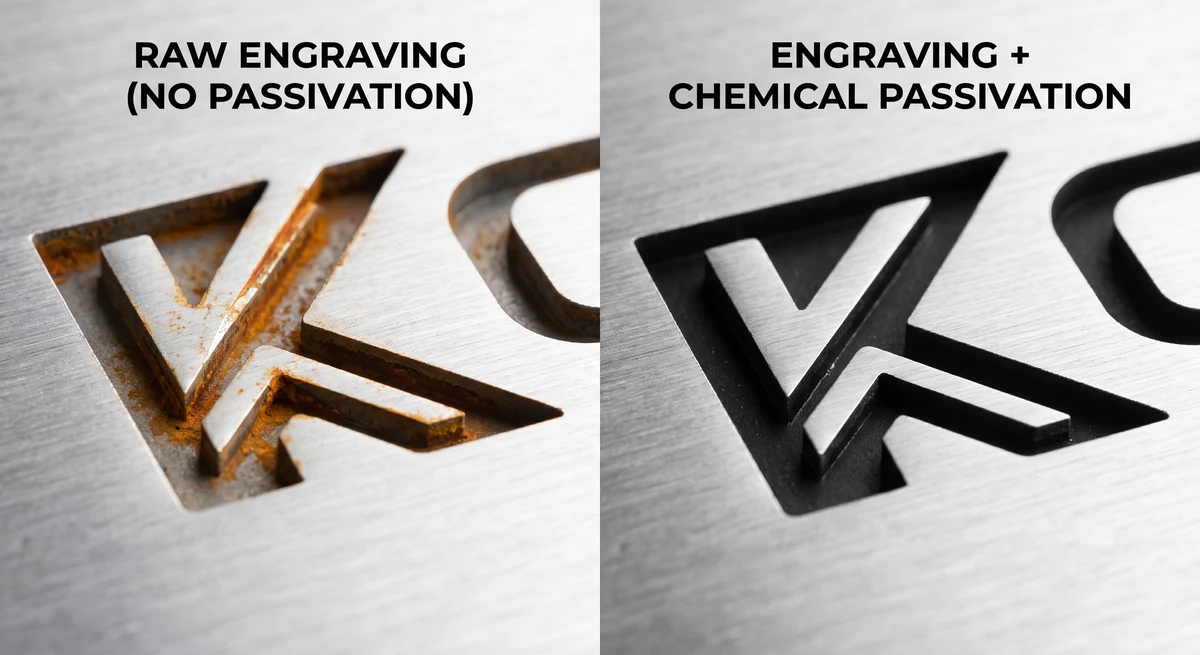 Rusted raw laser engraving on stainless steel next to a clean engraving treated with chemical passivation