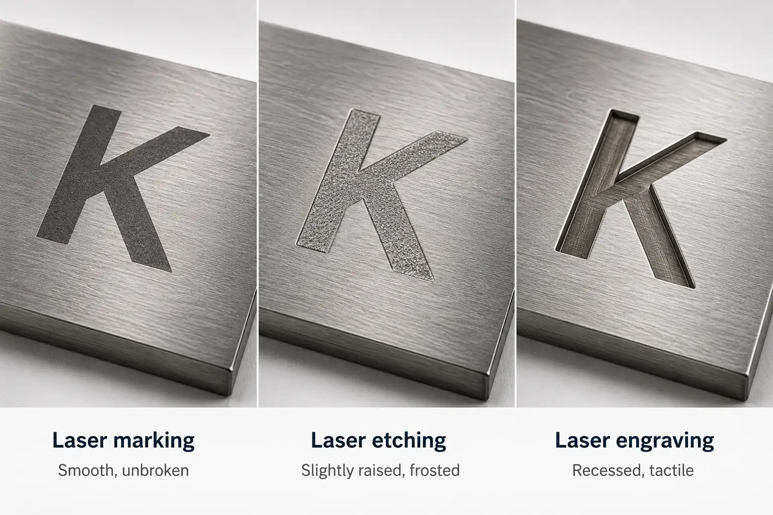 Laser marking vs etching vs engraving depth comparison on brushed stainless steel