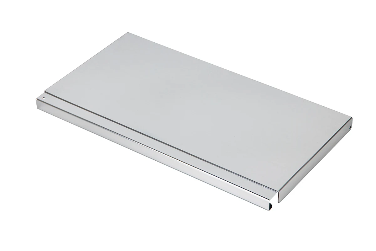 Natural clear-anodized aluminum sheet metal cover with a hemmed edge