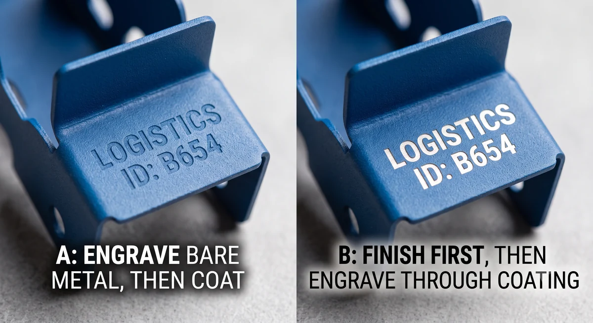 Powder-coated blue bracket comparing engraving before coating versus engraving through the coating