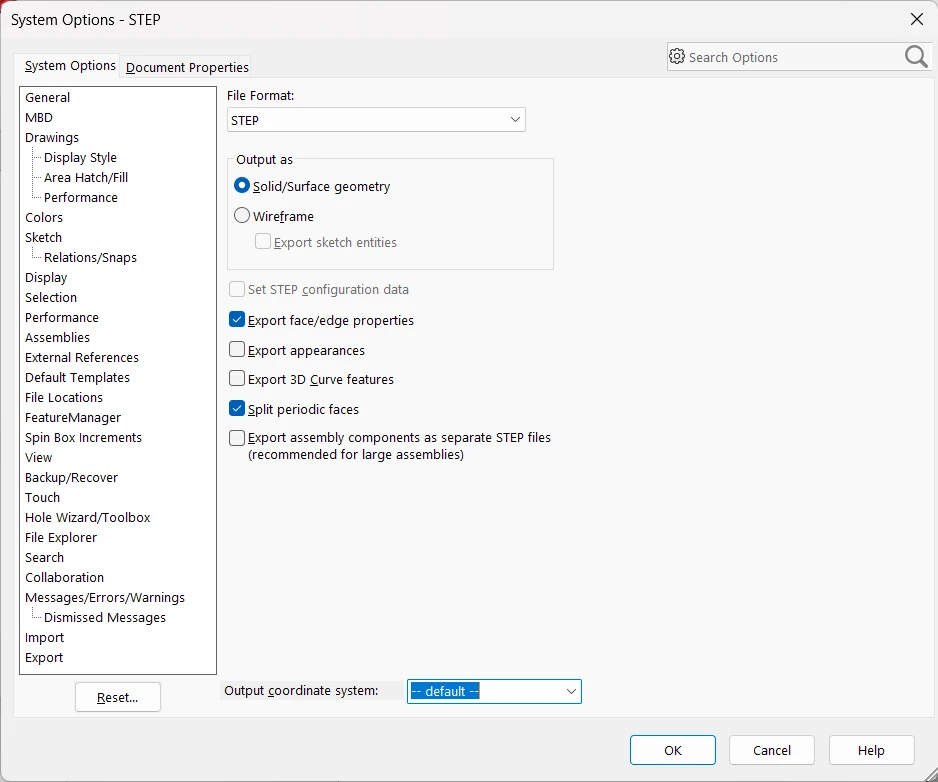 SolidWorks System Options STEP dialog with Solid/Surface geometry selected and default output coordinate system