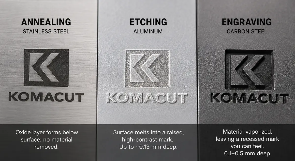 Laser annealing on stainless steel, etching on aluminum, and engraving on carbon steel compared side by side