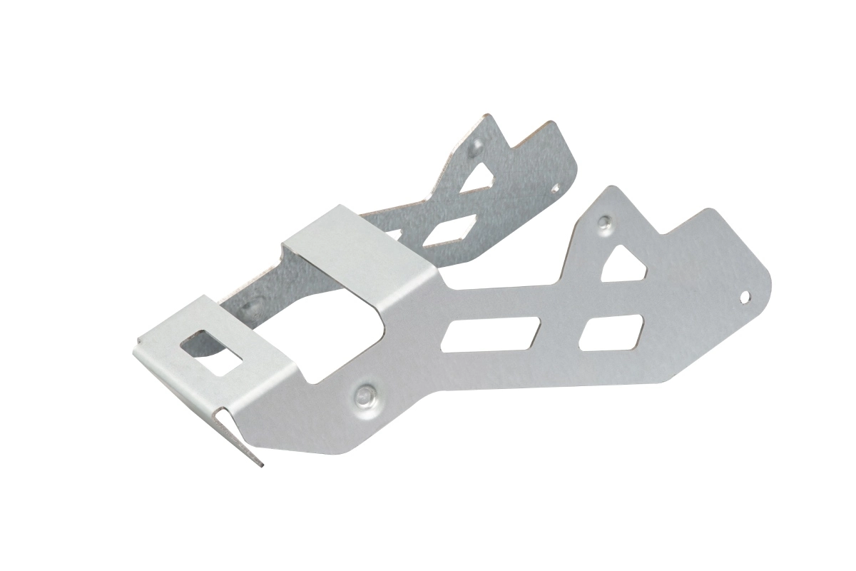 Galvanized steel bracket with laser-cut openings and formed flanges showing the matte zinc surface