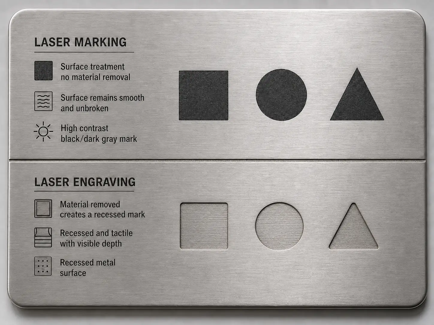 Laser marking vs engraving on a stainless steel plate showing surface marks and recessed engraved shapes