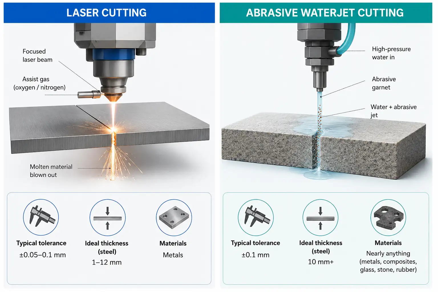 Diagram comparing laser cutting and abrasive waterjet cutting principles and specs