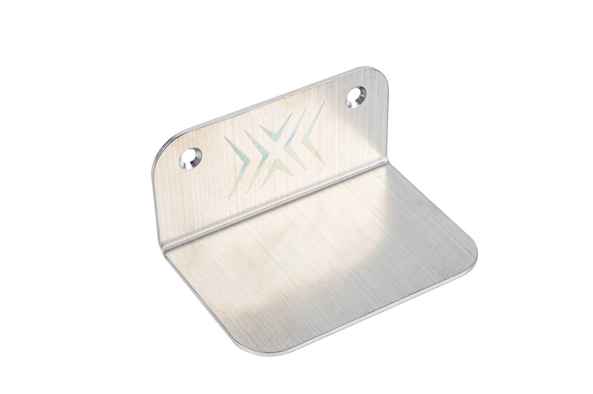 Brushed stainless steel bracket with laser-engraved logo and a formed 90 degree flange