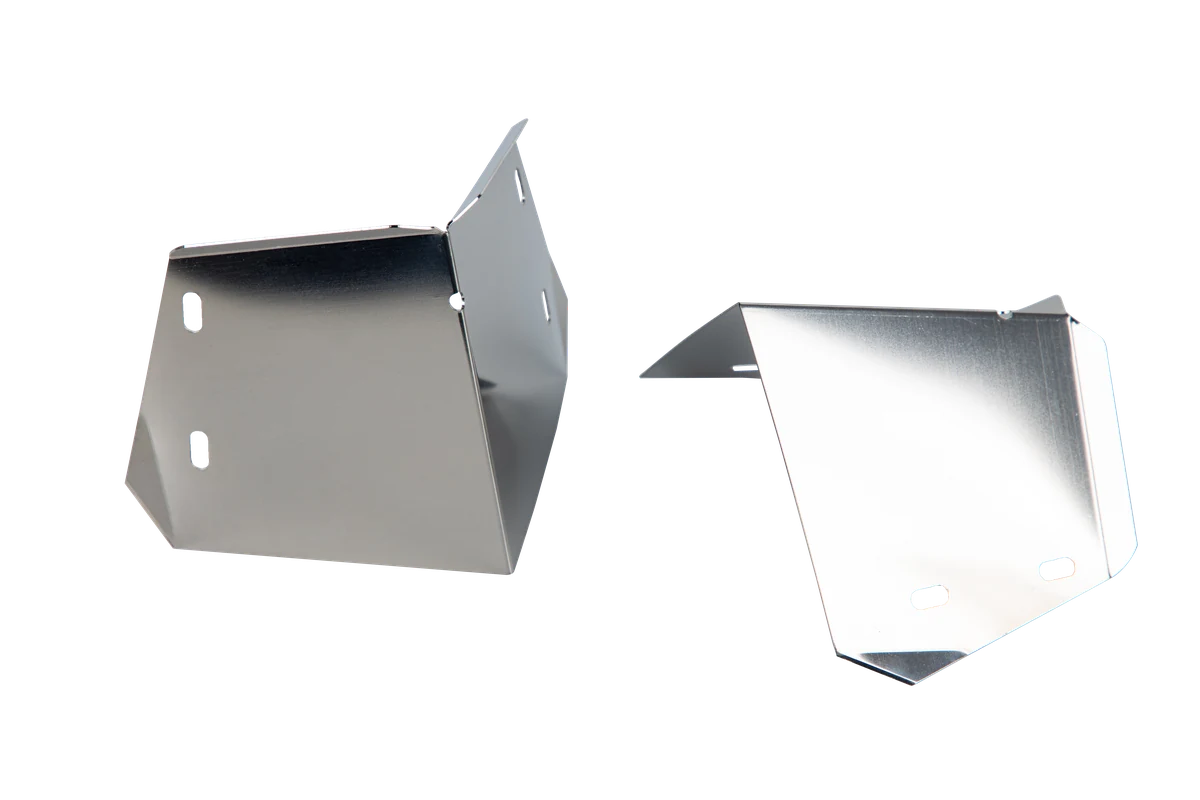 Two formed stainless steel brackets with slotted mounting holes, one with a satin sheen and one with a bright mirror finish
