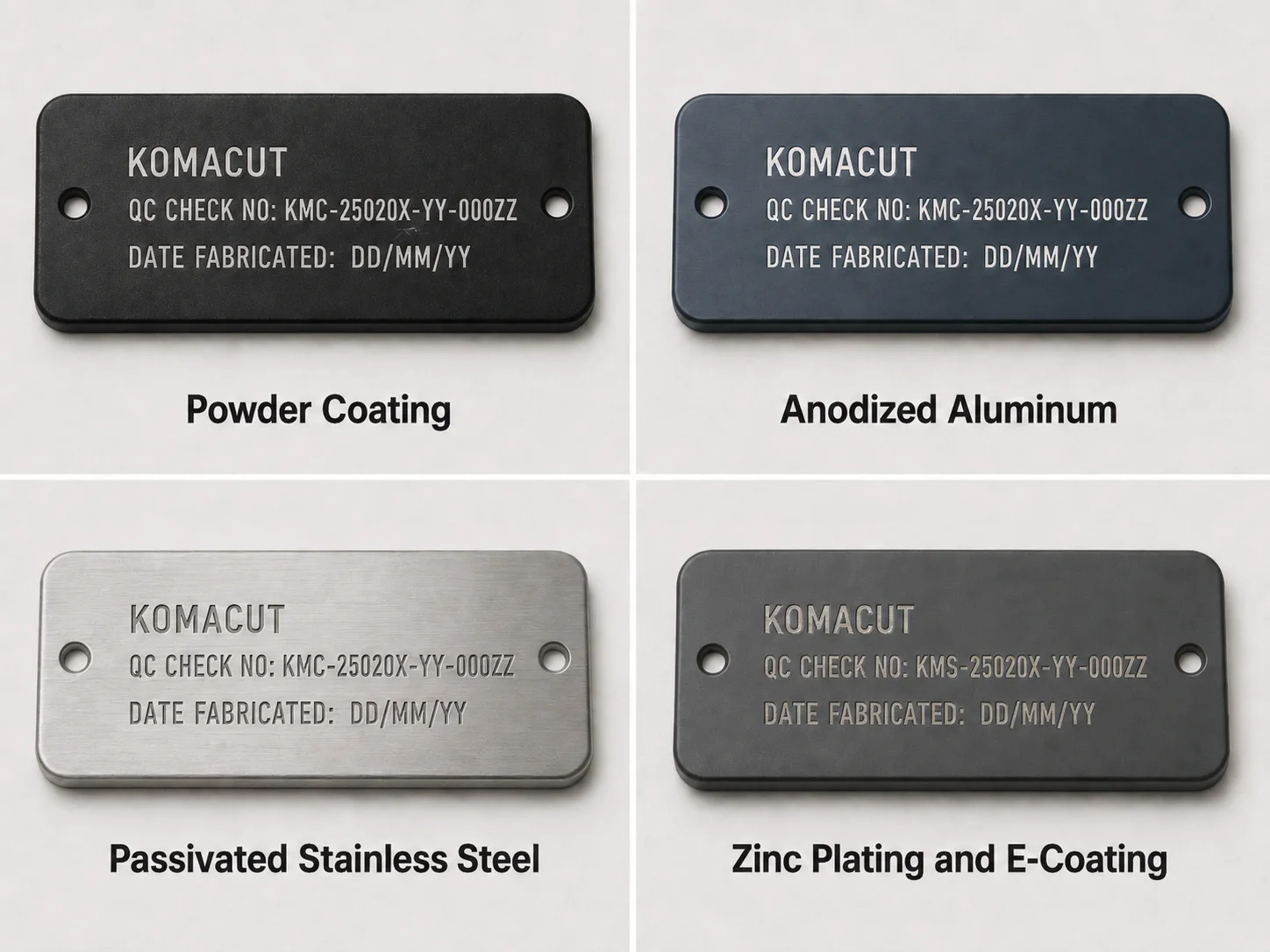 Laser marked ID tags on powder coated, anodized, passivated stainless steel, and zinc plated e-coated finishes