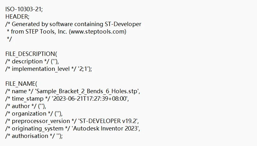 STEP file opened in a text editor showing the ISO-10303-21 header and FILE_NAME data