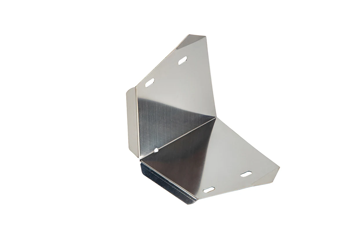 Passivated stainless steel corner bracket with mounting holes and two bent flanges