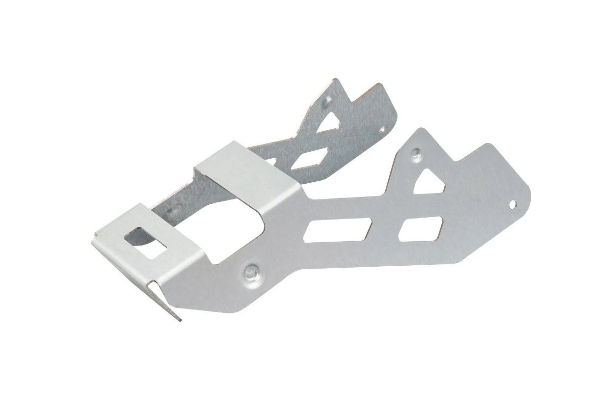 Laser-cut galvanized steel frame part with tabs, holes and formed features