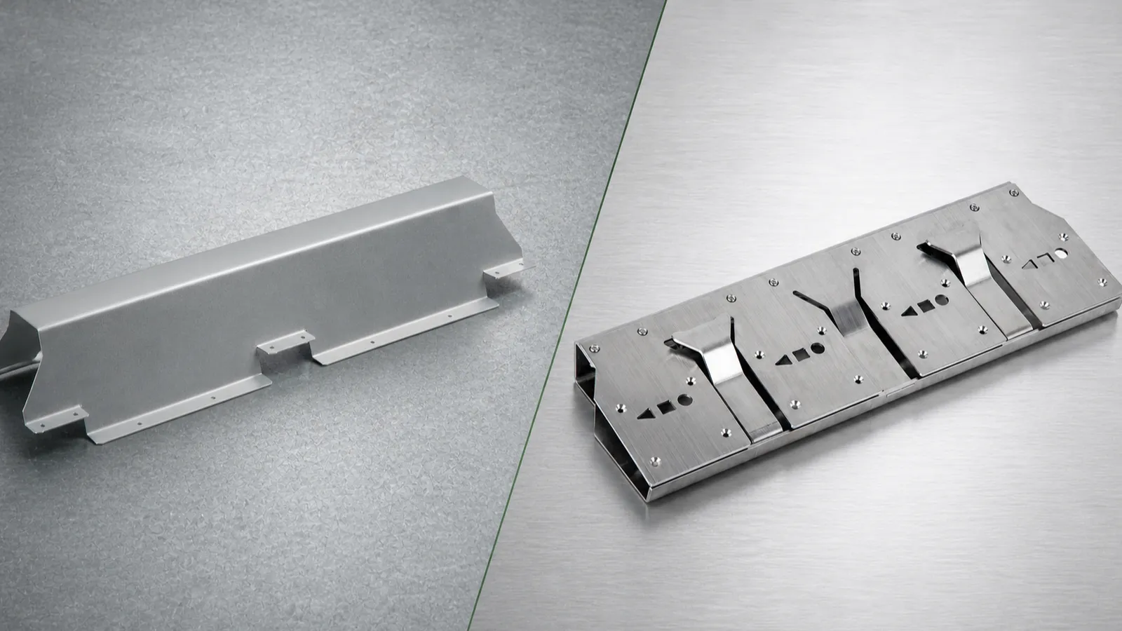 Galvanized steel part beside a brushed stainless steel part showing the difference in surface finish