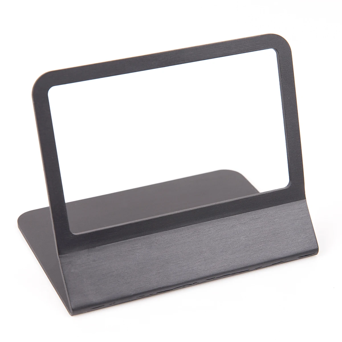 Black anodized aluminum bracket with a bright cut edge and mounting holes