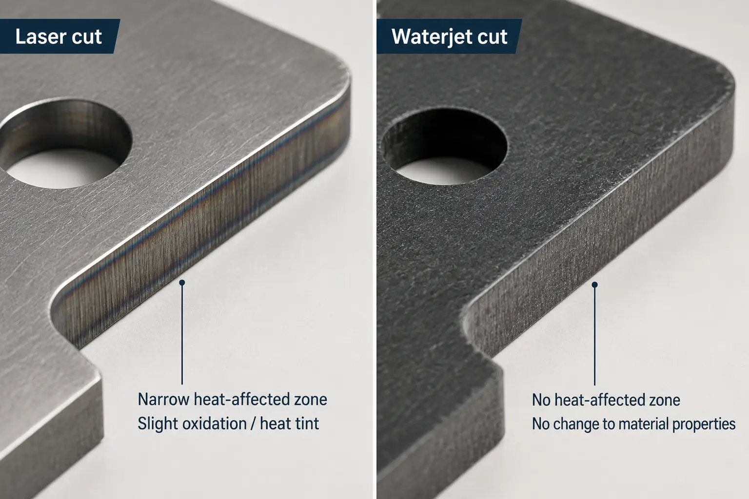 Close-up of a laser-cut steel edge with heat tint beside a waterjet-cut edge