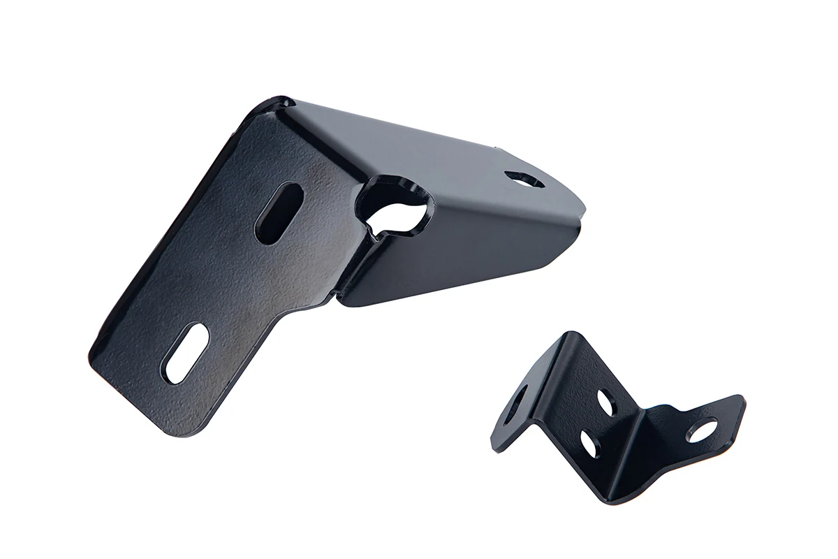 Two black e-coated steel brackets with slotted holes and a formed flange